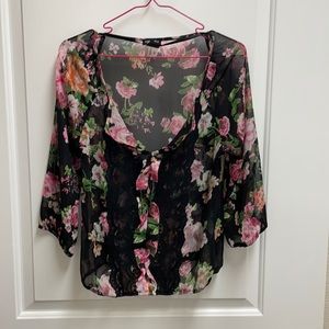 Women’s floral and black 3/4 sleeve see through small Stoosh brand shirt